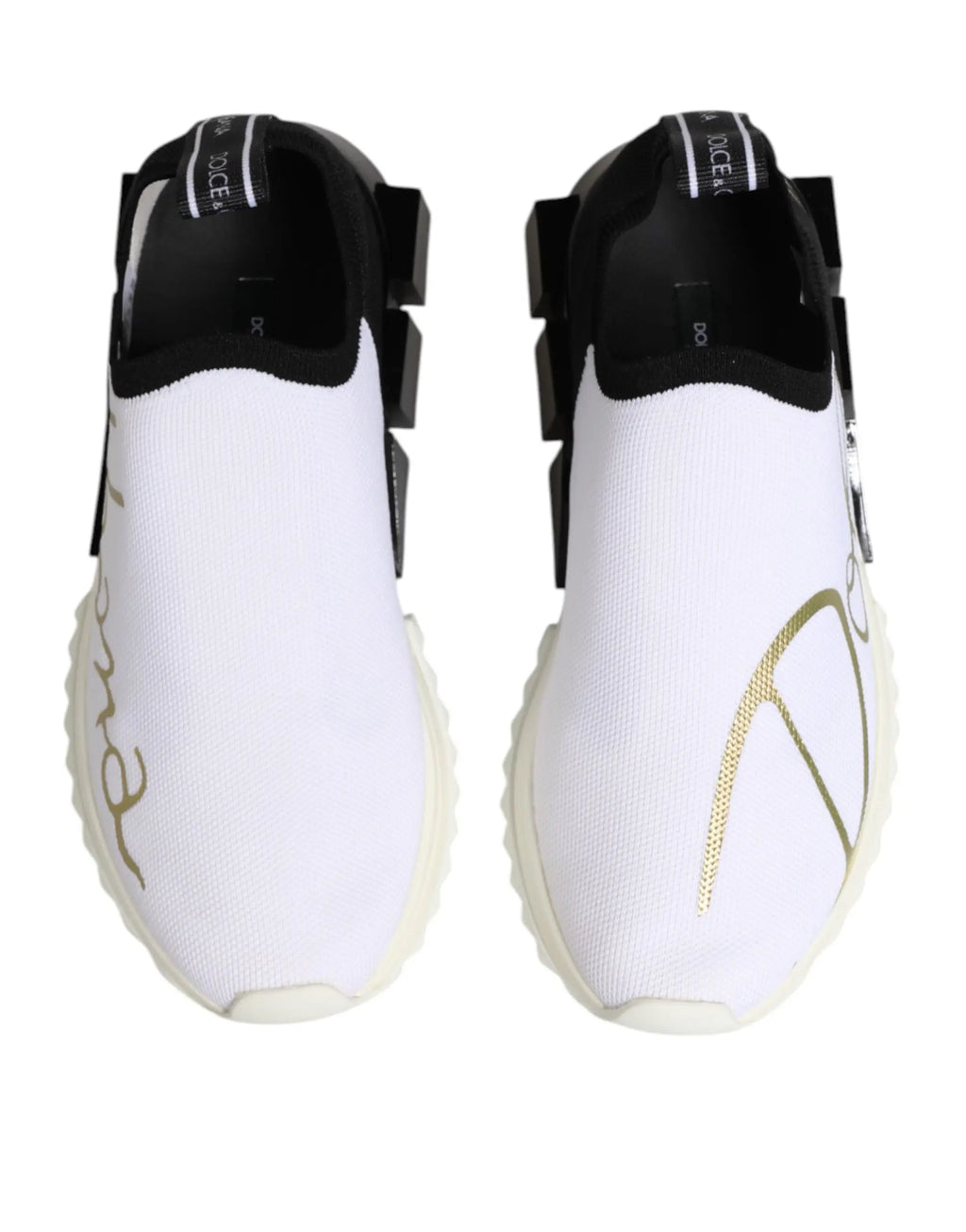 Dolce & gabbana white black low top sorrento sneakers with textured knit upper and gold script detailing on the side