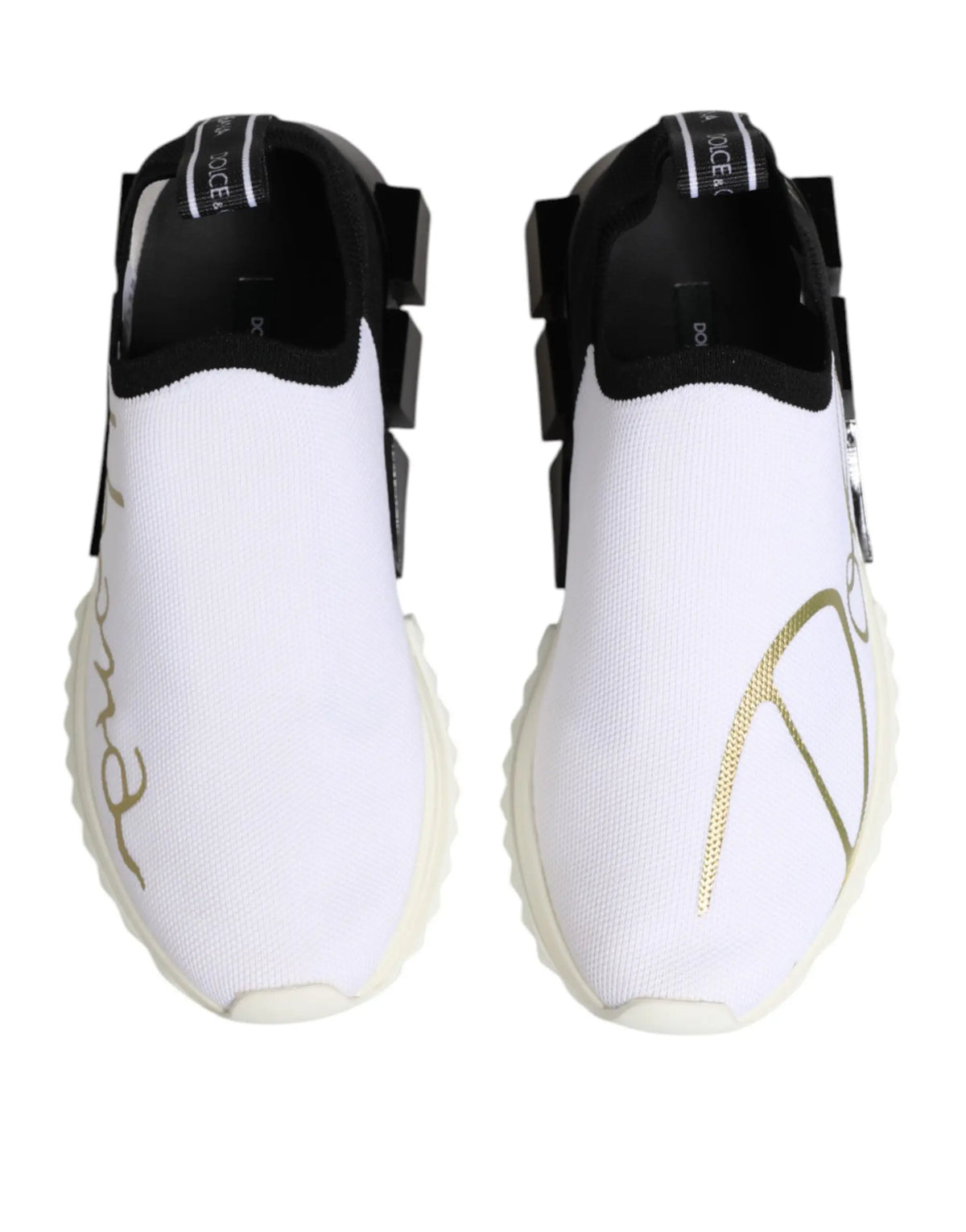 Dolce & gabbana white black low top sorrento sneakers with textured knit upper and gold script detailing on the side
