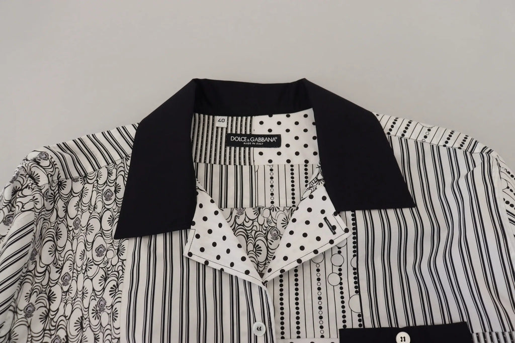 Blouse dolce & gabbana blanche et noire à motifs pois rayures et fleurs avec col noir contrastant