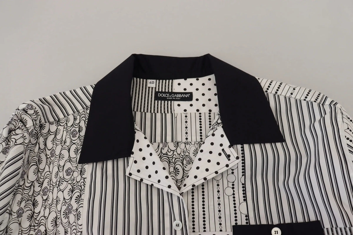 Blouse dolce & gabbana blanche et noire à motifs pois rayures et fleurs avec col noir contrastant