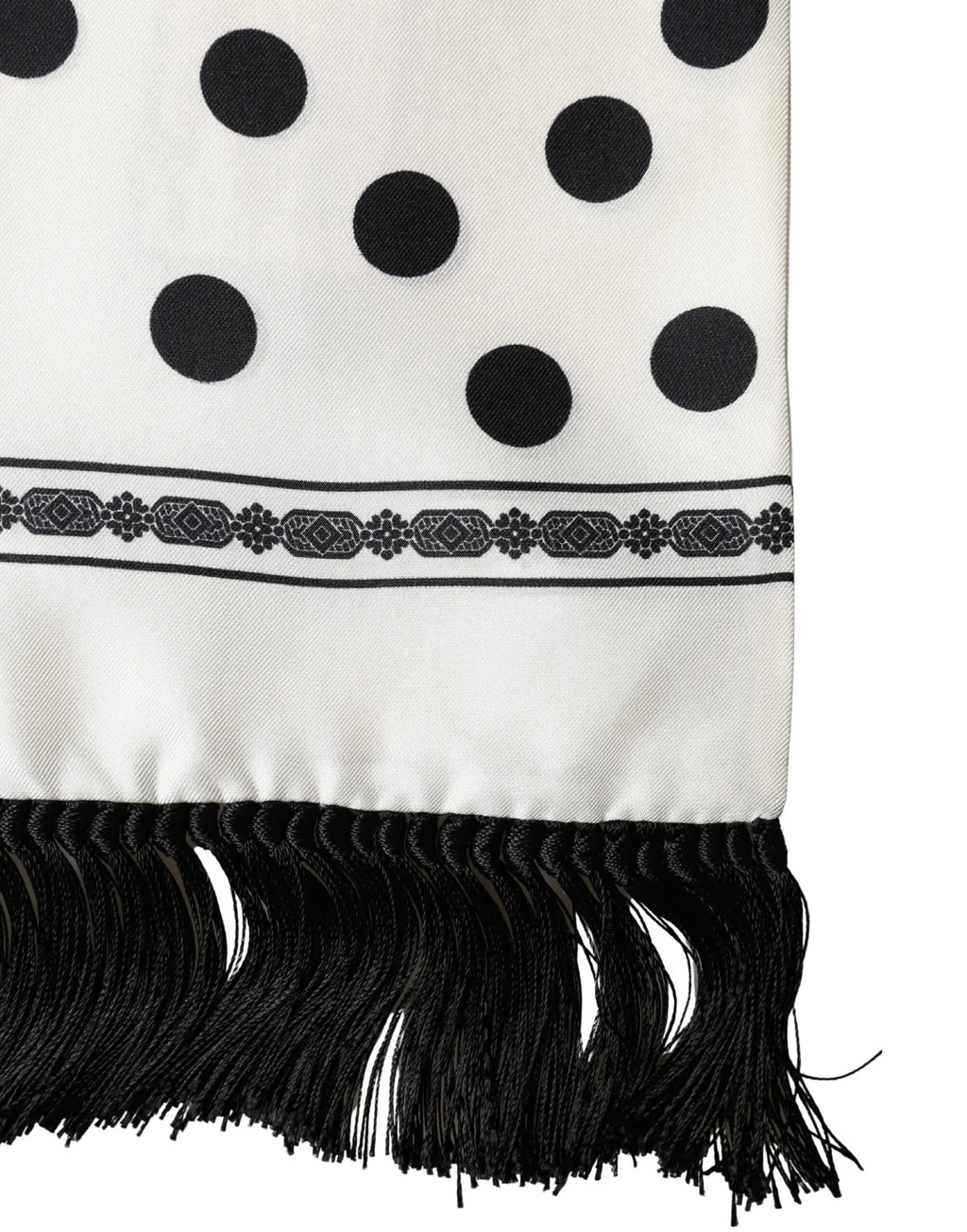 Dolce & gabbana foulard blanc à pois noirs avec bordure décorative et franges noires 165,5 cm x 32 cm