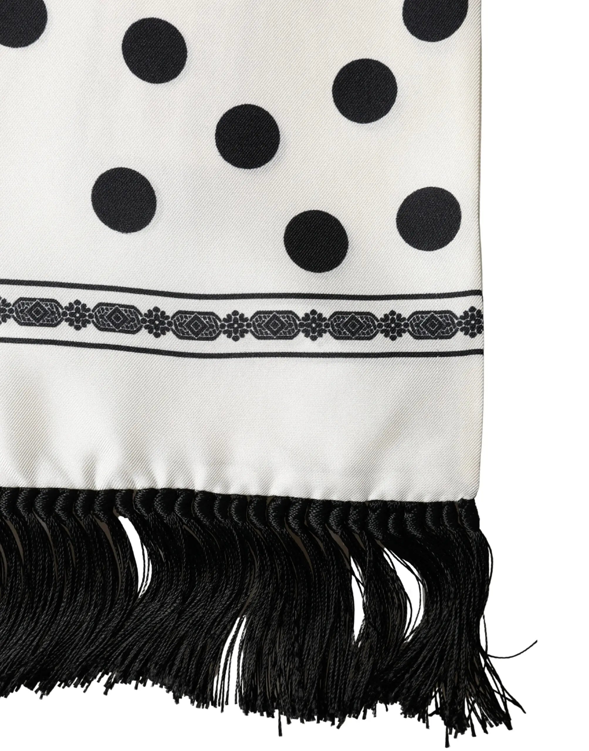 Dolce & gabbana foulard blanc à pois noirs avec bordure décorative et franges noires 165,5 cm x 32 cm