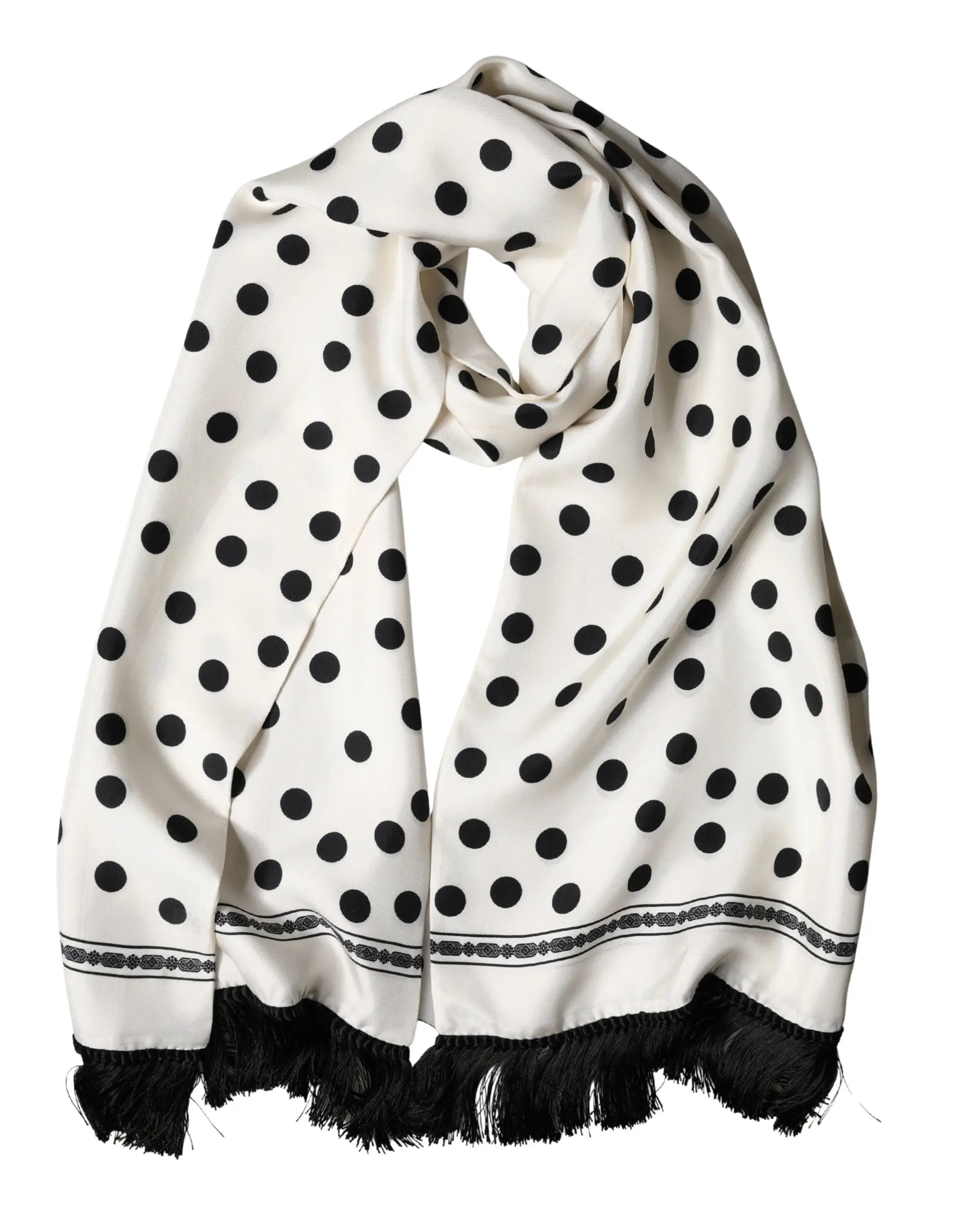 Dolce gabbana foulard blanc à pois noirs avec bordure décorative et bords frangés 165,5cm x 32cm