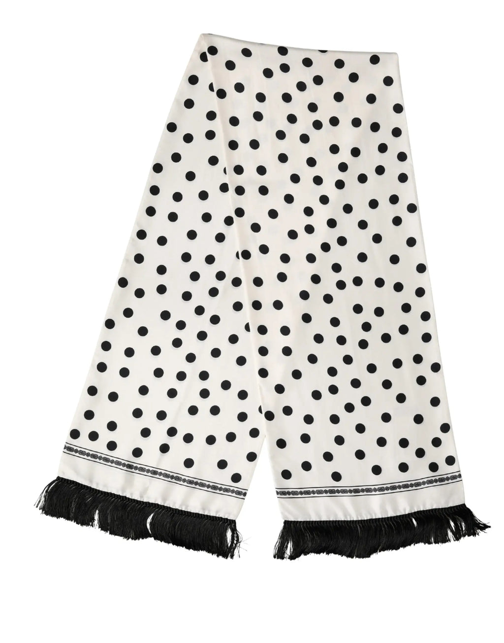 Dolce & gabbana foulard blanc à pois noirs avec franges 165,5 cm x 32 cm pour le cou