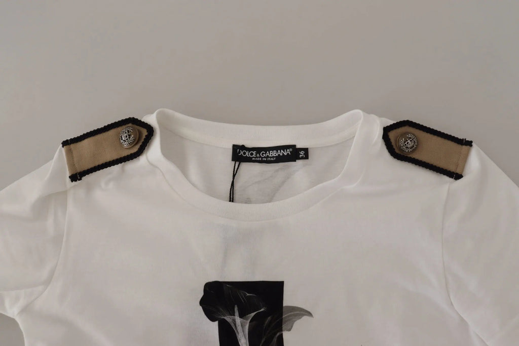 T-shirt blanc dolce gabbana en coton avec imprimé floral noir et épaulettes beige à boutons métalliques