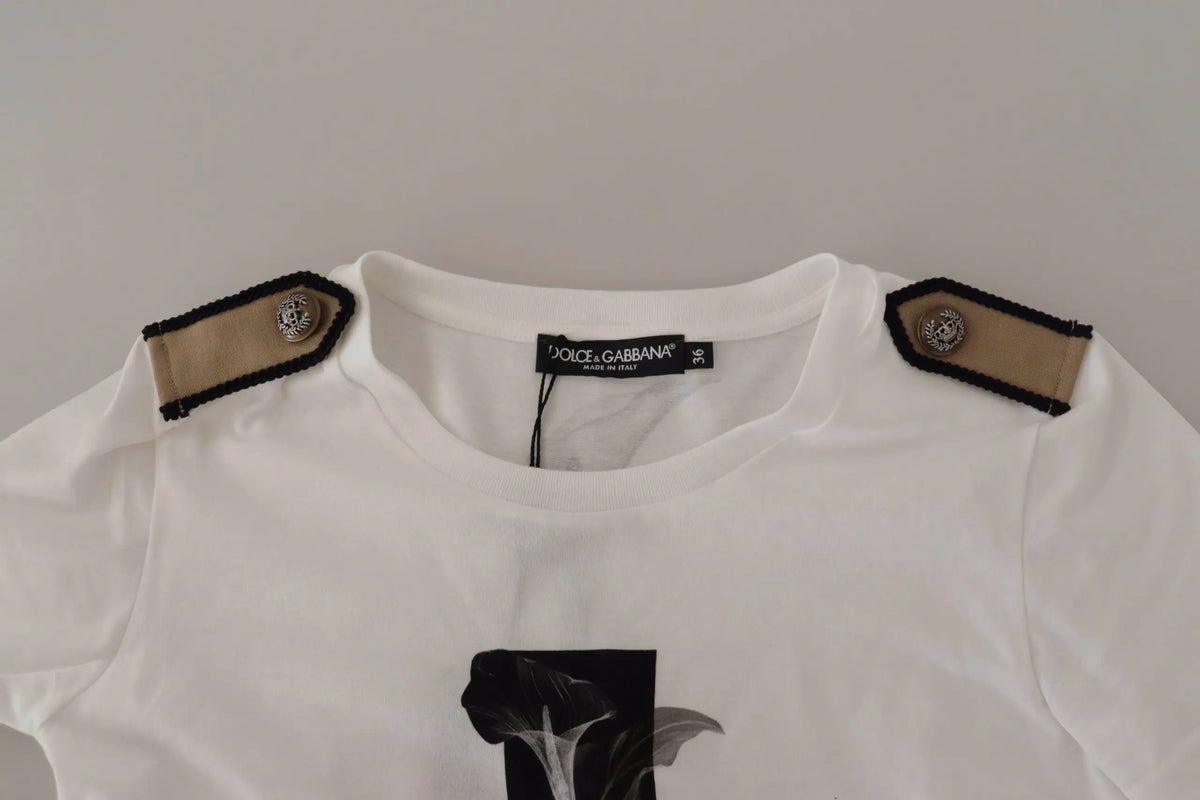 T-shirt blanc dolce gabbana en coton avec imprimé floral noir et épaulettes beige à boutons métalliques