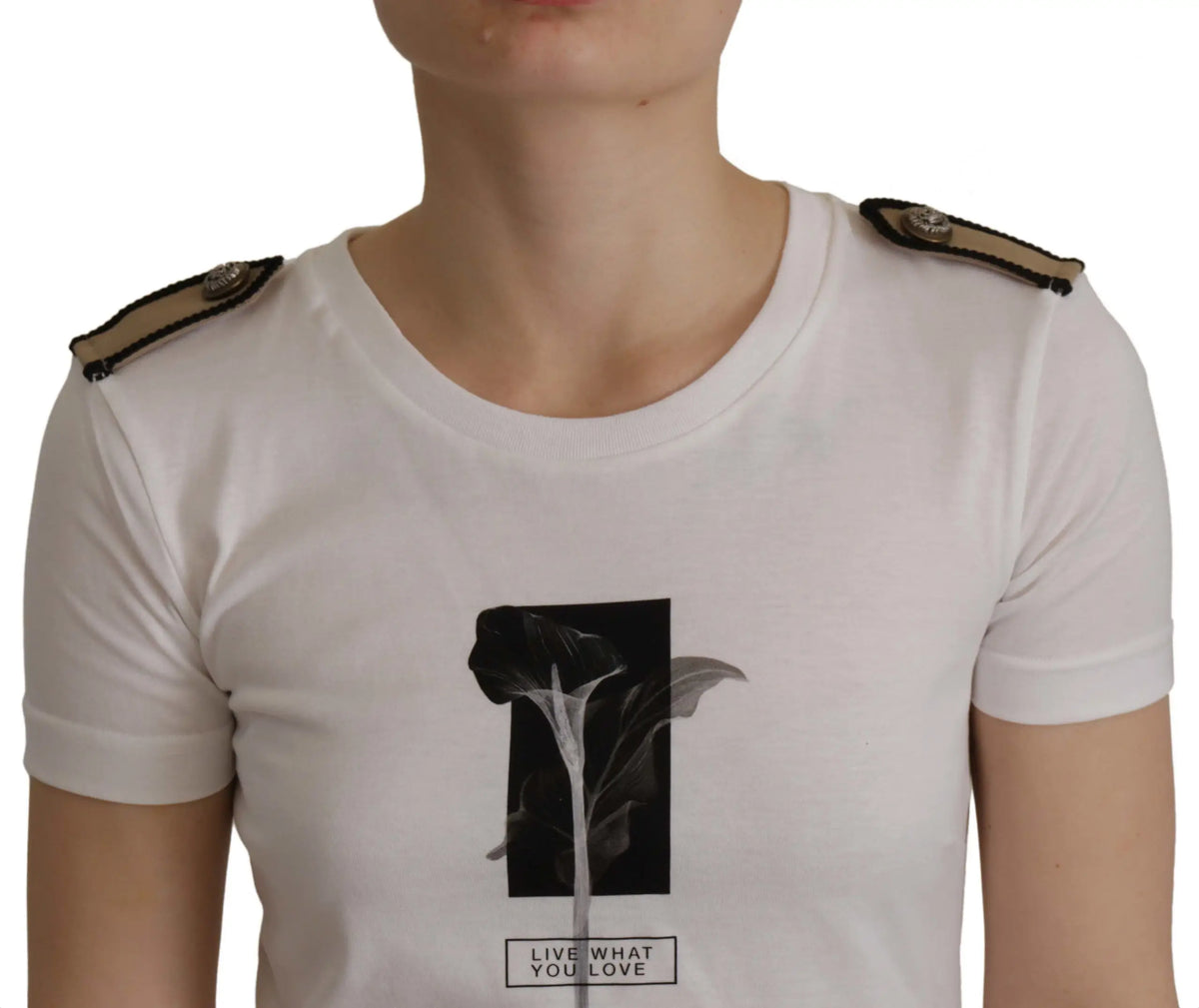 T-shirt blanc dolce & gabbana en coton avec motif floral noir et blanc et épaulettes camel à boutons argentés