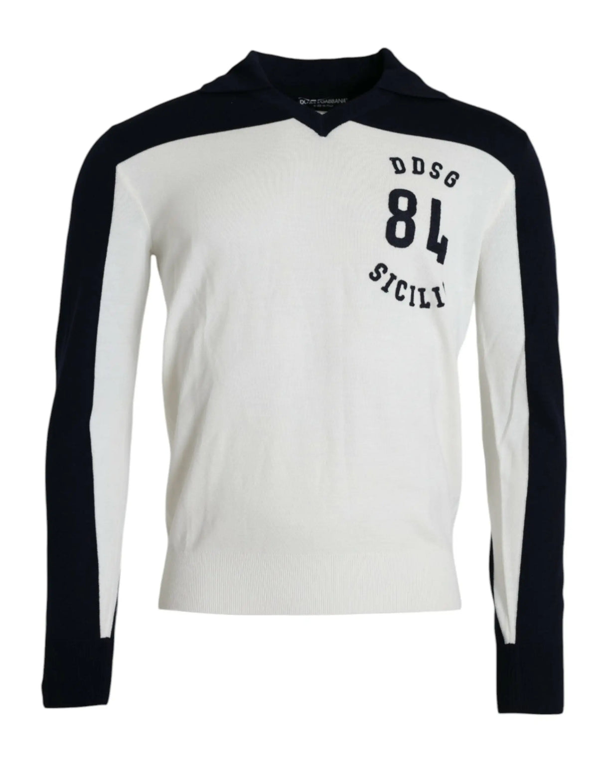 Dolce & gabbana pull en maille blanc et noir avec épaules contrastantes et motif dds 84 sicily bleu marine sur la poitrine
