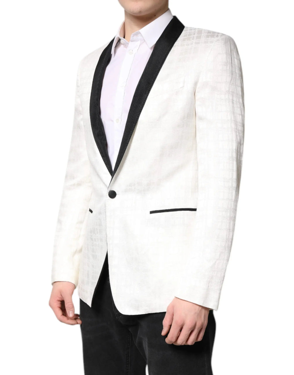 Dolce & gabbana blazer blanc texturé avec revers et bordures en satin noir pour costume élégant
