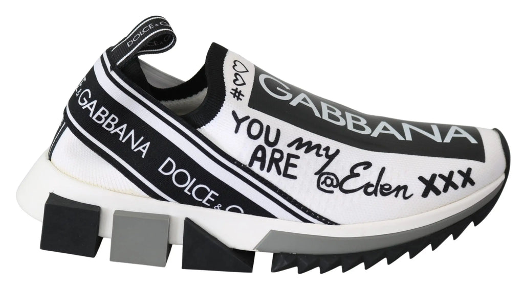 Baskets dolce & gabbana blanches et noires slip on avec lettrage graphique audacieux, coeurs et semelle épaisse texturée