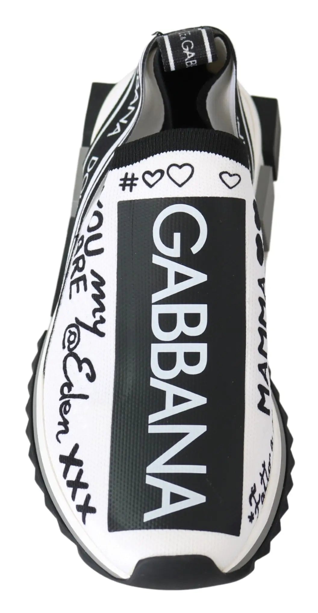 Baskets dolce gabbana white black slip on sorrento avec motifs graphiques, coeurs, texte manuscrit et semelle en caoutchouc texturée