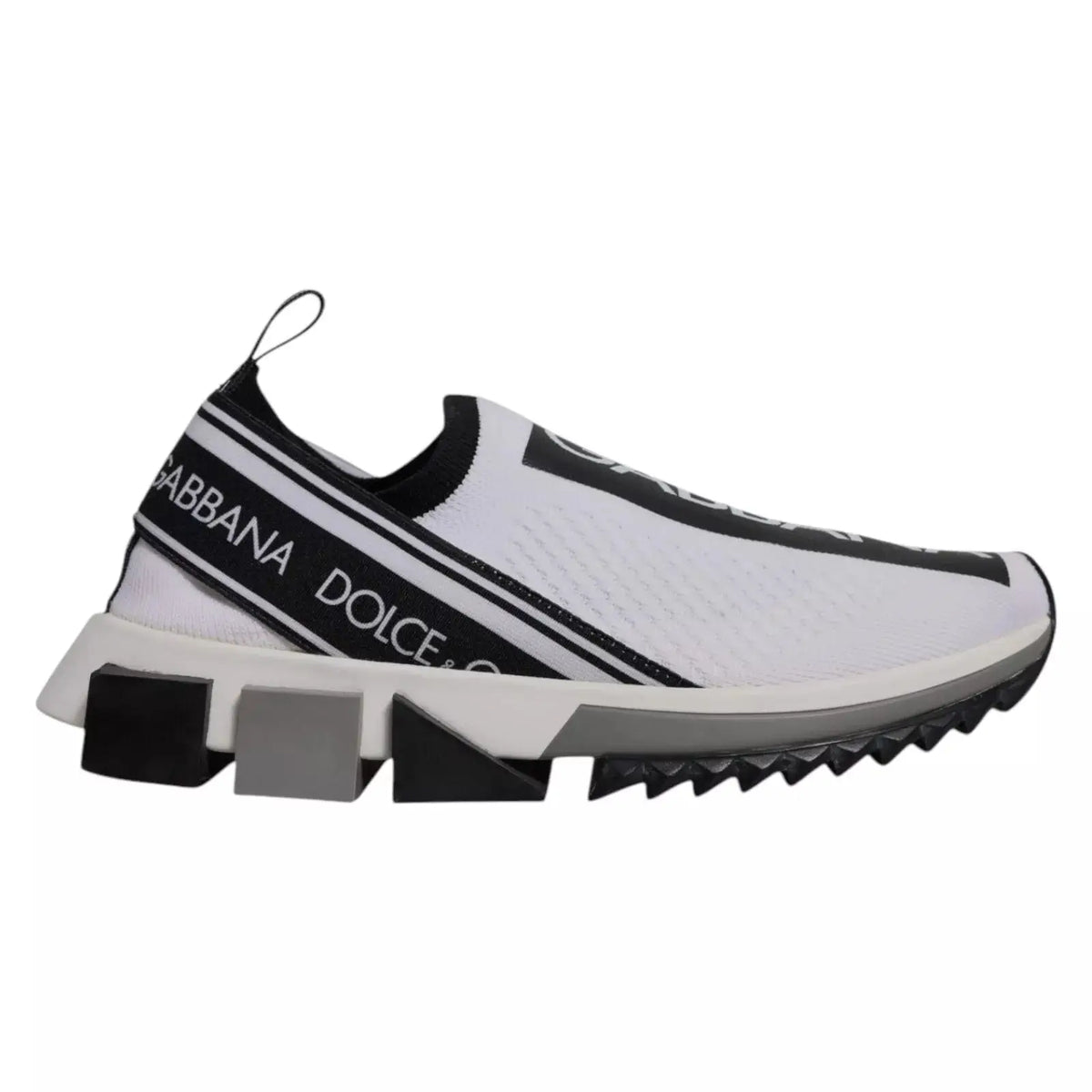 Baskets dolce & gabbana blanches et noires slip-on avec dessus texturé, bande logo audacieuse et semelle géométrique épaisse