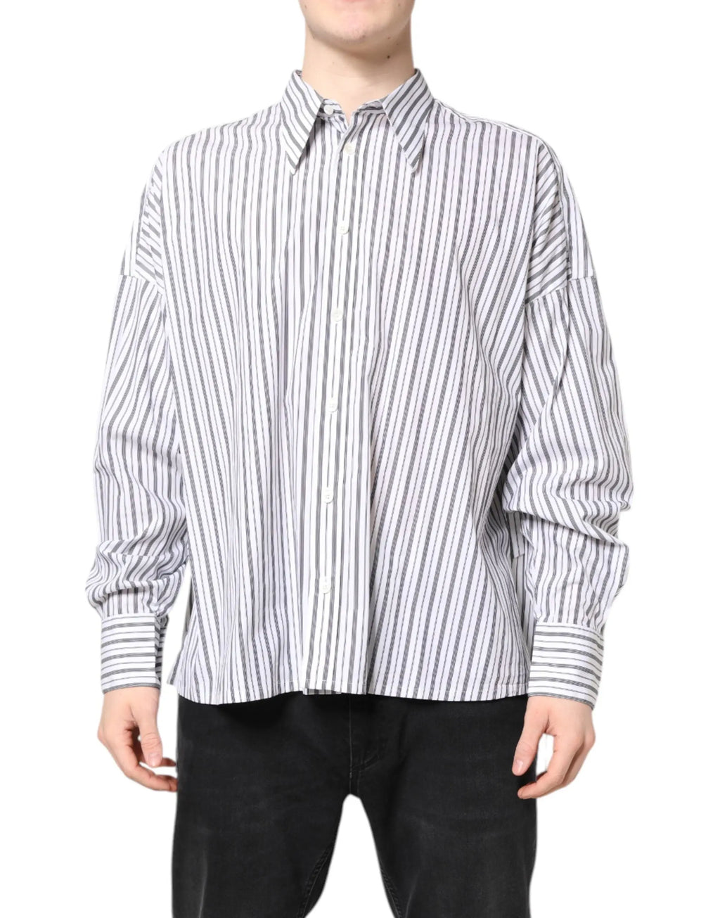 Dolce & gabbana chemise décontractée boutonnée blanche à rayures noires verticales manches longues ample