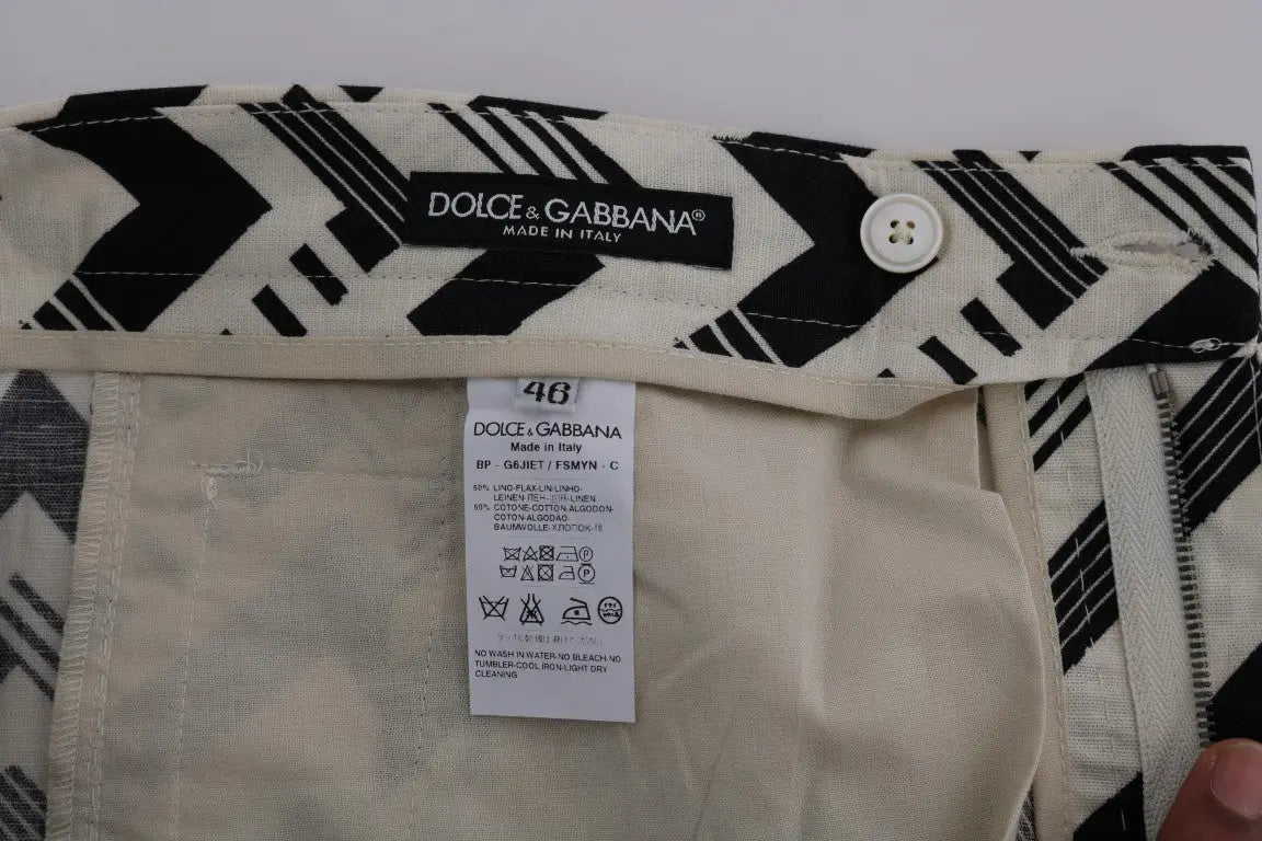 Shorts dolce & gabbana en coton lin blanc avec motifs géométriques noirs et blancs et taille beige