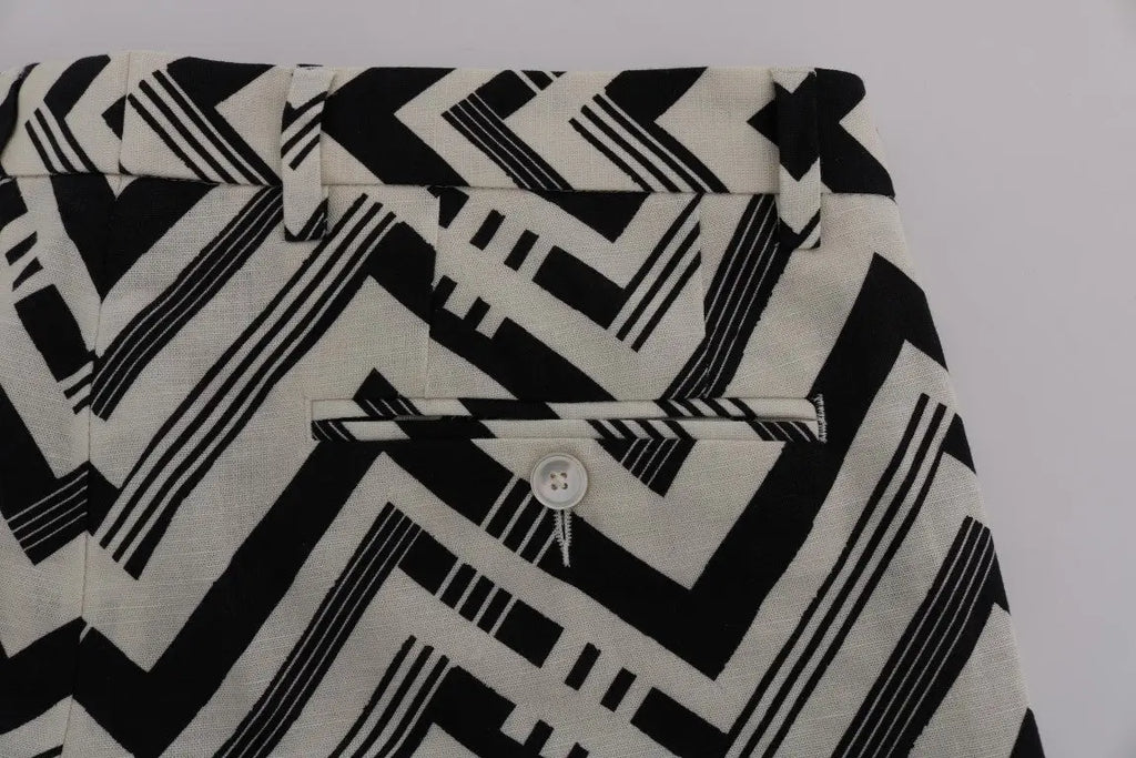 Pantalon dolce & gabbana blanc noir à motif géométrique en coton lin avec coupe structurée et ajustée