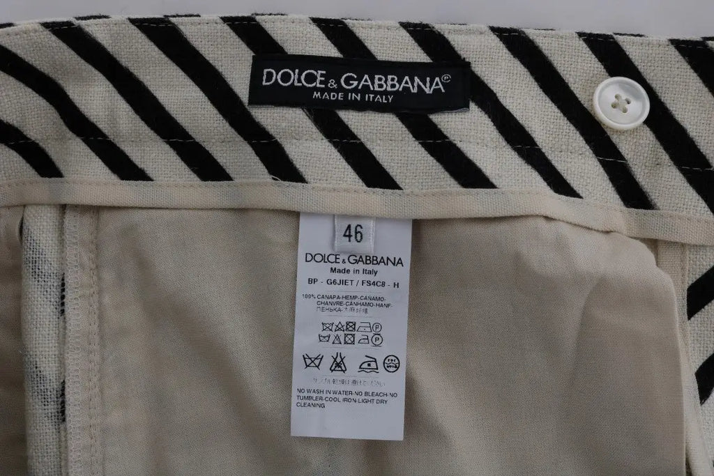 Pantalon en lin beige et noir à rayures dolce et gabbana fabriqué en italie, short décontracté en chanvre blanc et noir