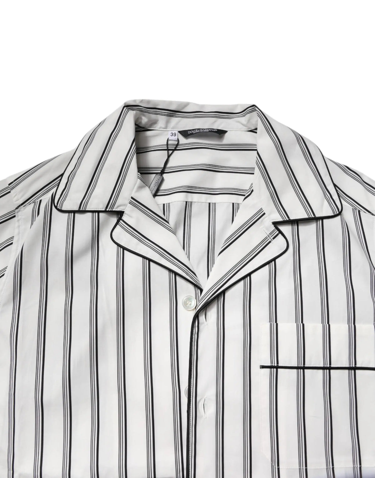 Chemise de pyjama homme dolce & gabbana en coton blanc avec rayures noires verticales et liseré noir contrastant