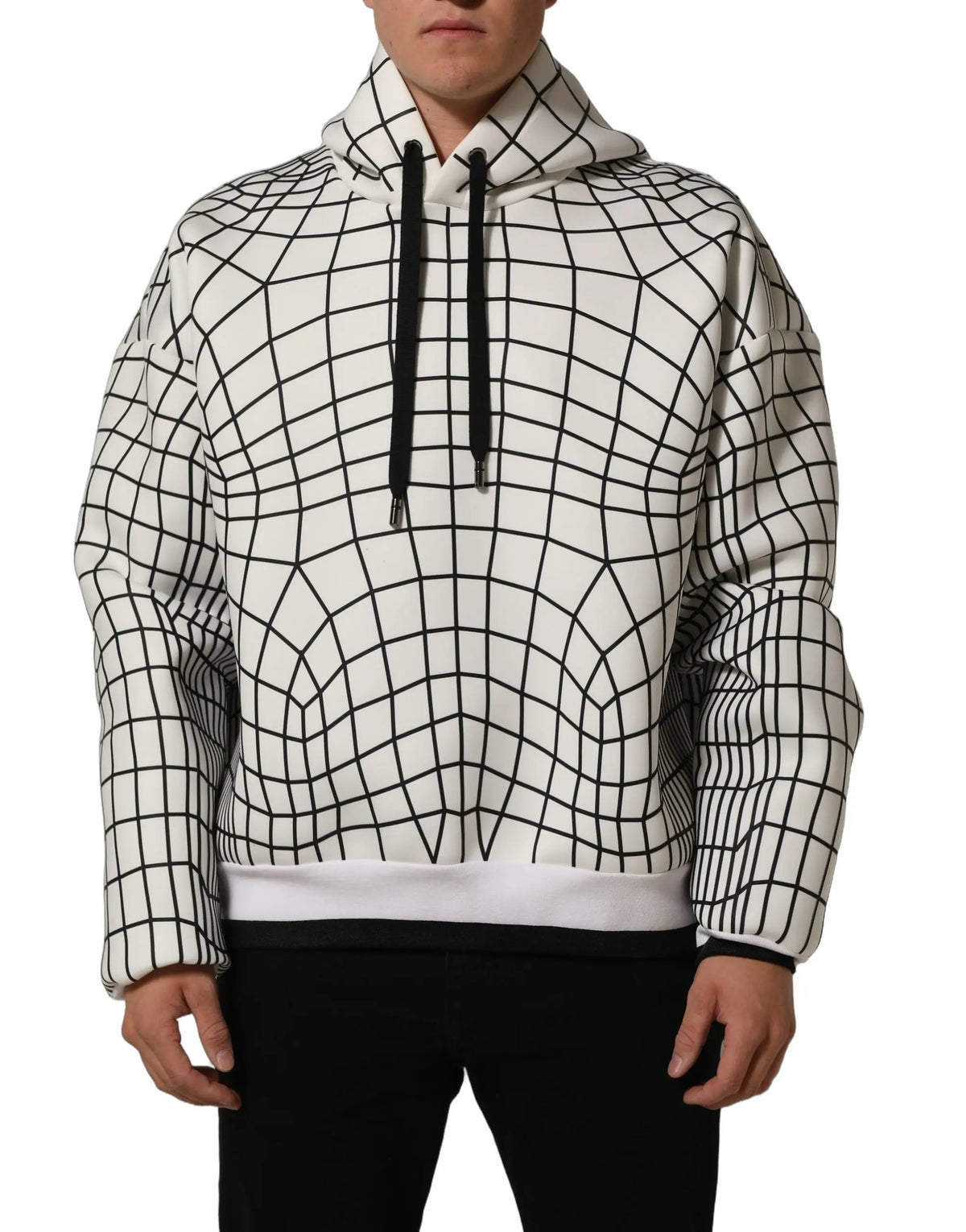 Dolce & gabbana sweat à capuche blanc en coton avec motif grille noir audacieux et cordons noirs contrastants