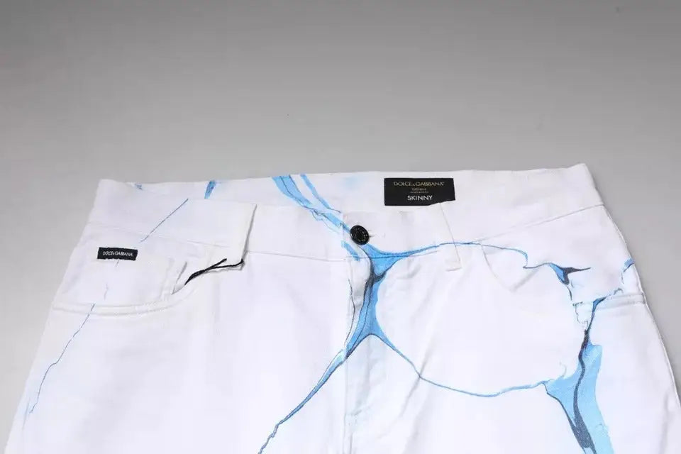 Jean skinny blanc dolce gabbana en coton stretch avec motif marbré bleu audacieux