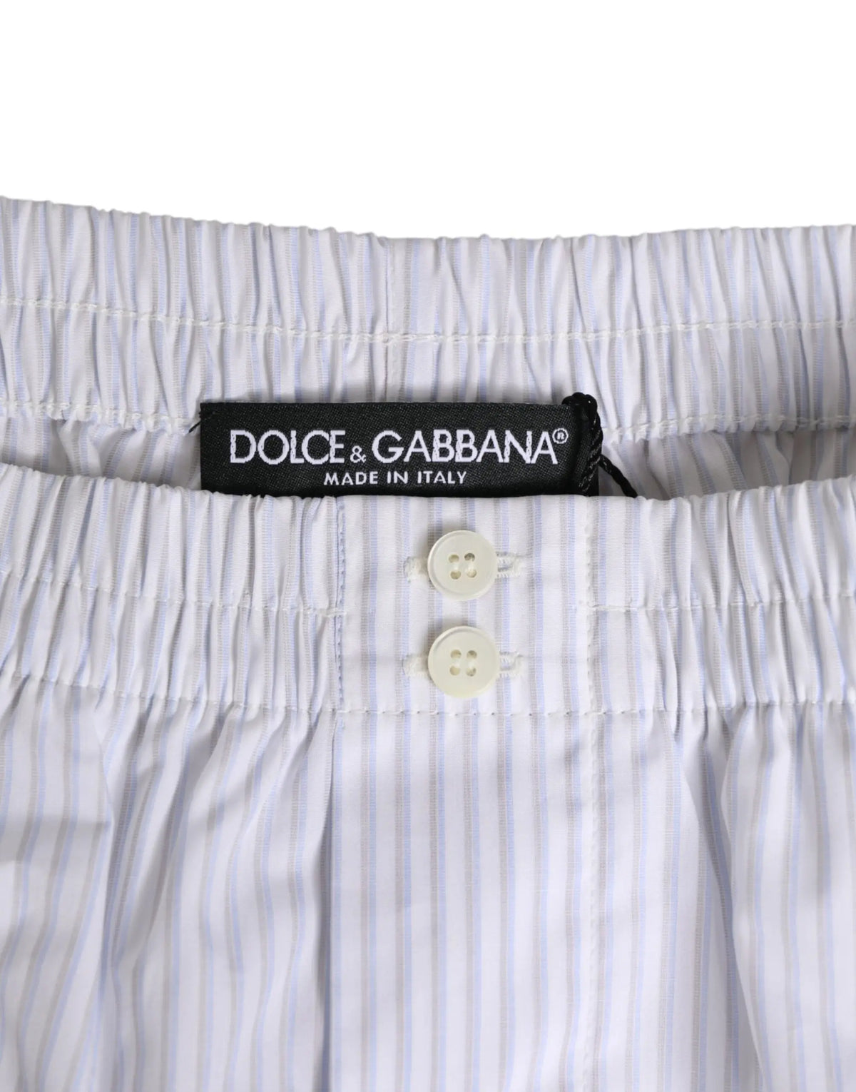 Short en coton dolce & gabbana blanc et bleu à rayures verticales avec étiquette noire et braguette boutonnée