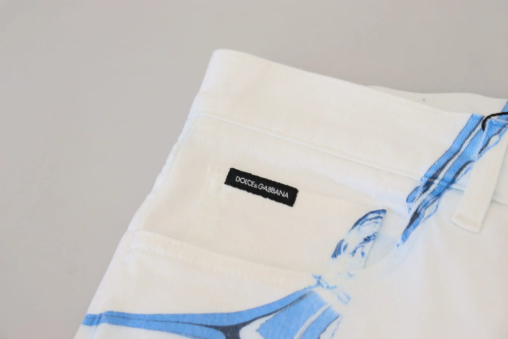 Pantalon blanc dolce & gabbana en coton stretch avec imprimé graphique bleu audacieux coupe skinny