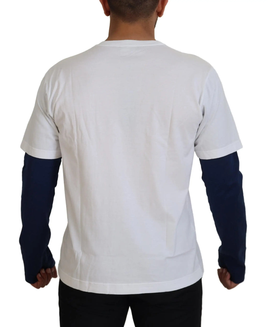 Dolce & gabbana white blue dg crown pullover sweater with white short sleeves navy blue long sleeves and soft cotton fabric
