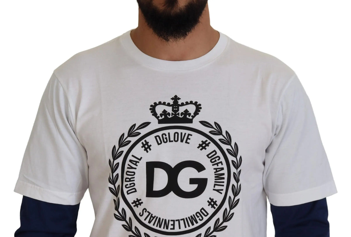 T-shirt blanc en coton dolce gabbana avec logo circulaire noir dg couronné de laurier et texte hashtag