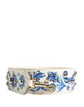Dolce & Gabbana white leather shoulder strap with blue floral embroidery silver studs and gold-tone buckle