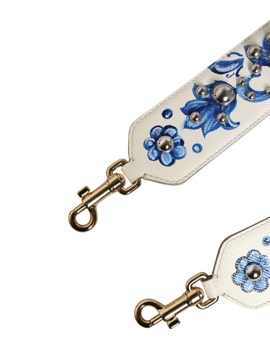 Dolce & gabbana white leather shoulder strap with blue floral embroidery silver studs and gold tone clasps