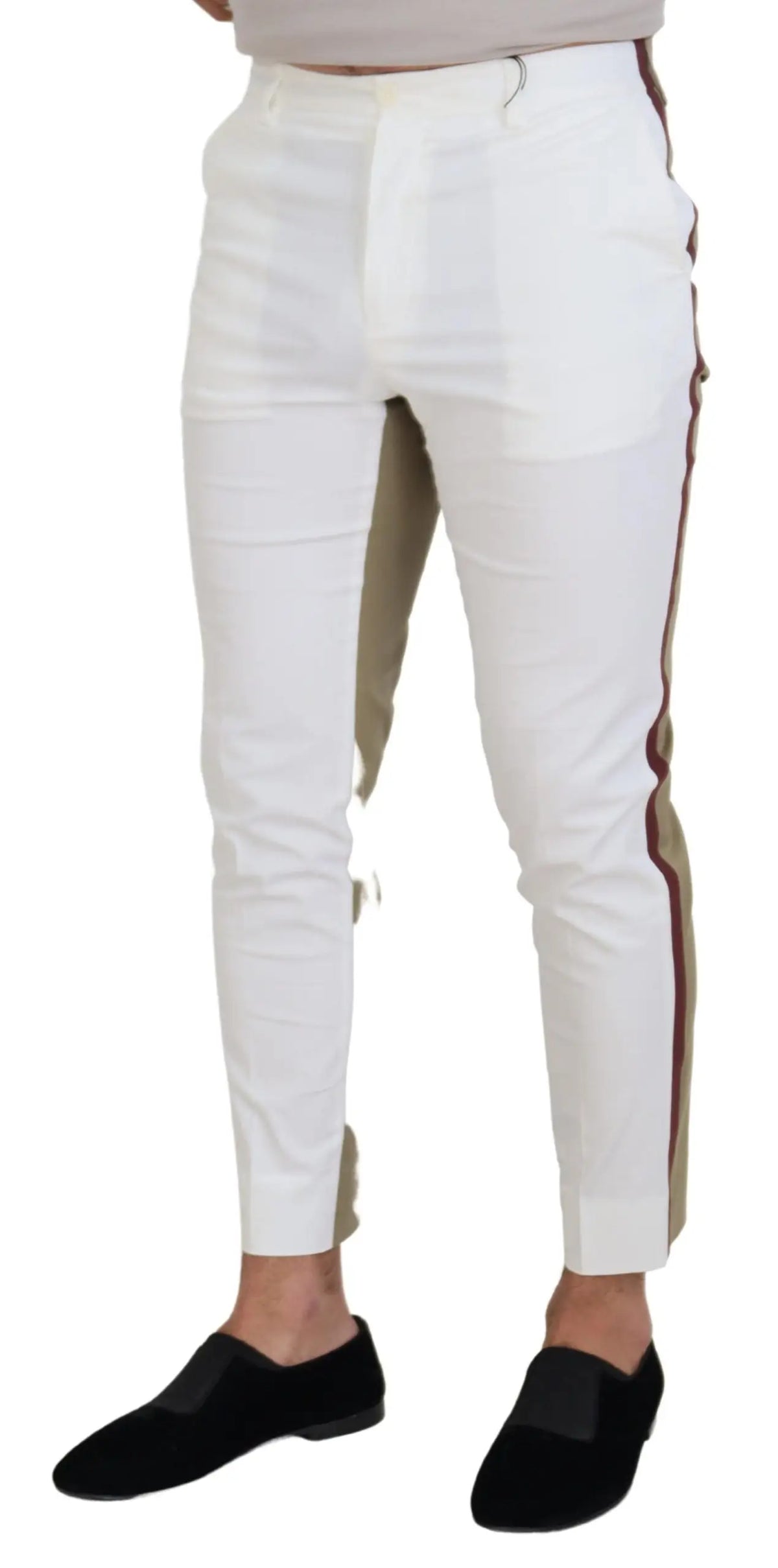 Pantalon chino slim fit blanc dolce gabbana avec rayures verticales beige et marron sur les coutures externes