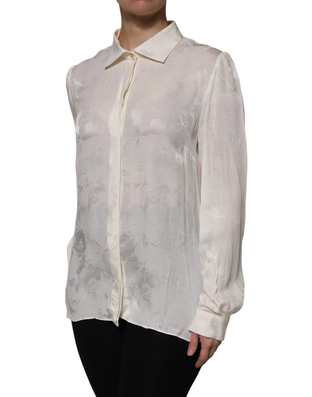 Blouse dolce & gabbana blanche en satin ivoire délicat avec motif floral subtil et manches longues