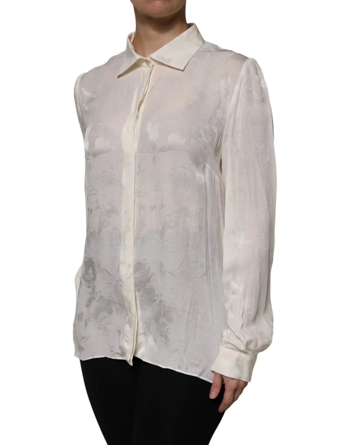 Blouse dolce & gabbana blanche en satin ivoire délicat avec motif floral subtil et manches longues