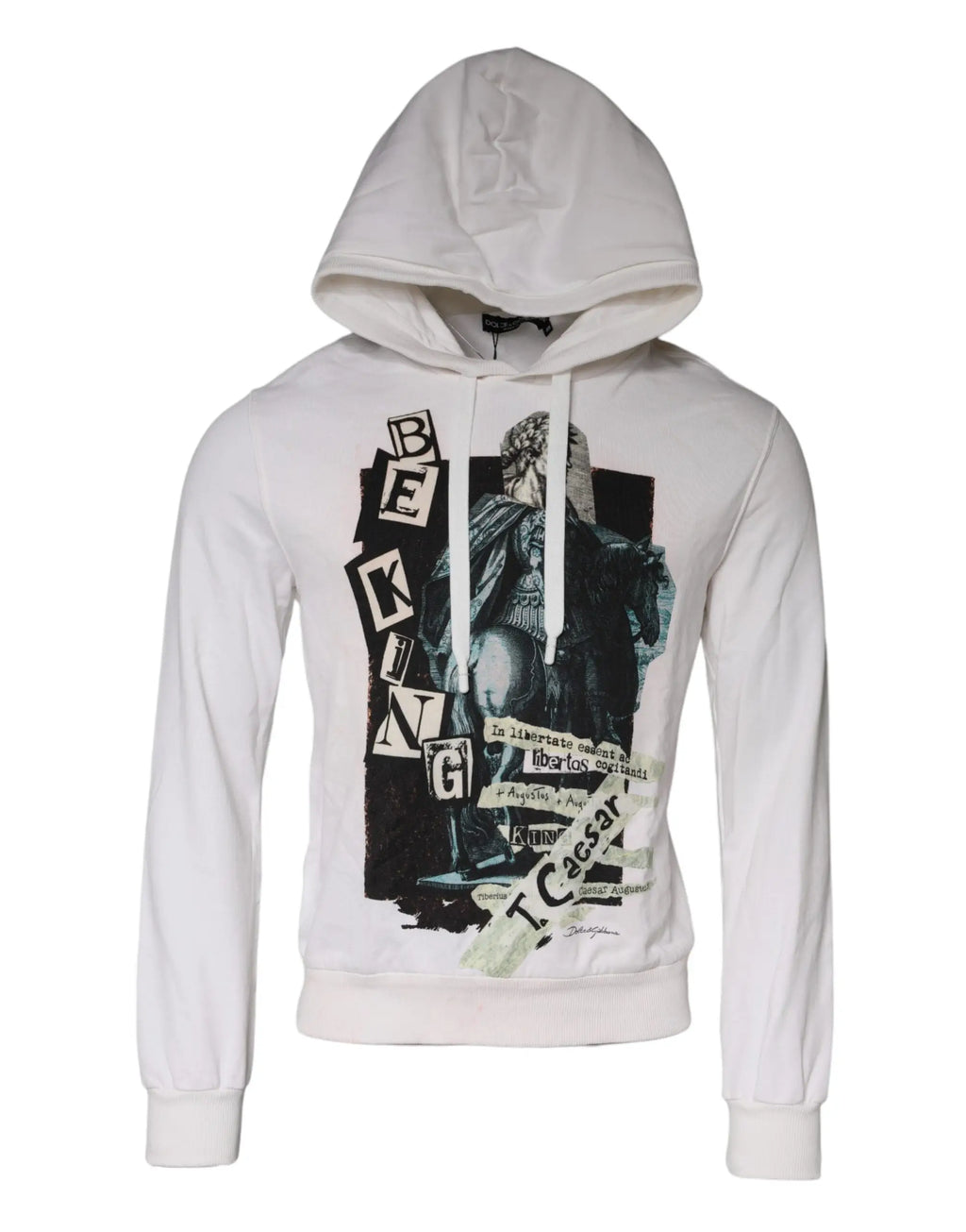 Dolce & Gabbana sweat à capuche en coton blanc avec impression graphique noire et grise de Julius Caesar et le mot beking