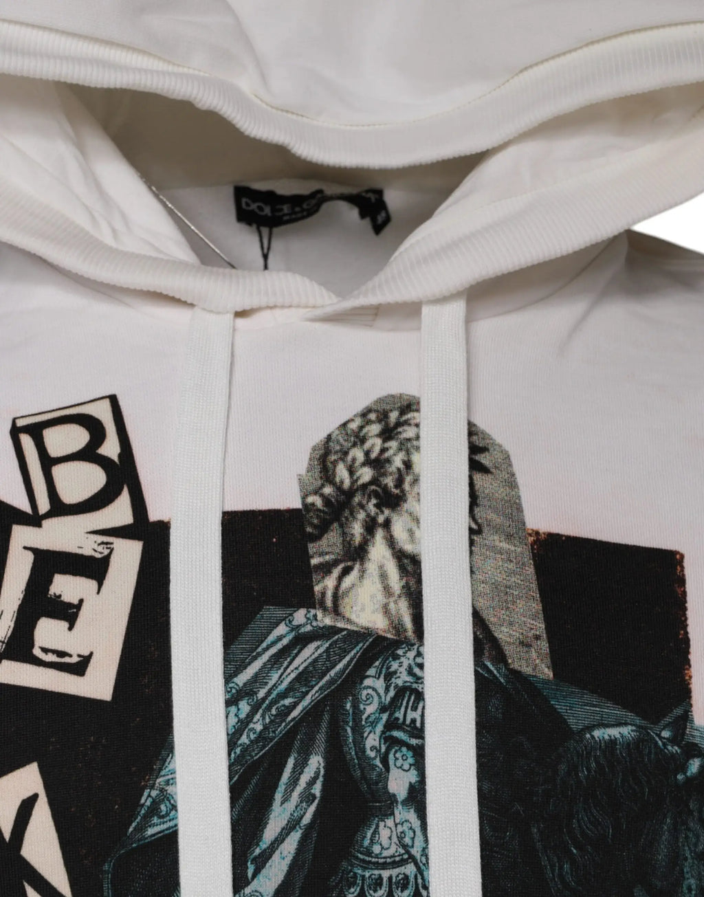 Sweat à capuche blanc dolce & gabbana en coton avec imprimé graphique noir et bleu turquoise et mot bee en lettres blocs
