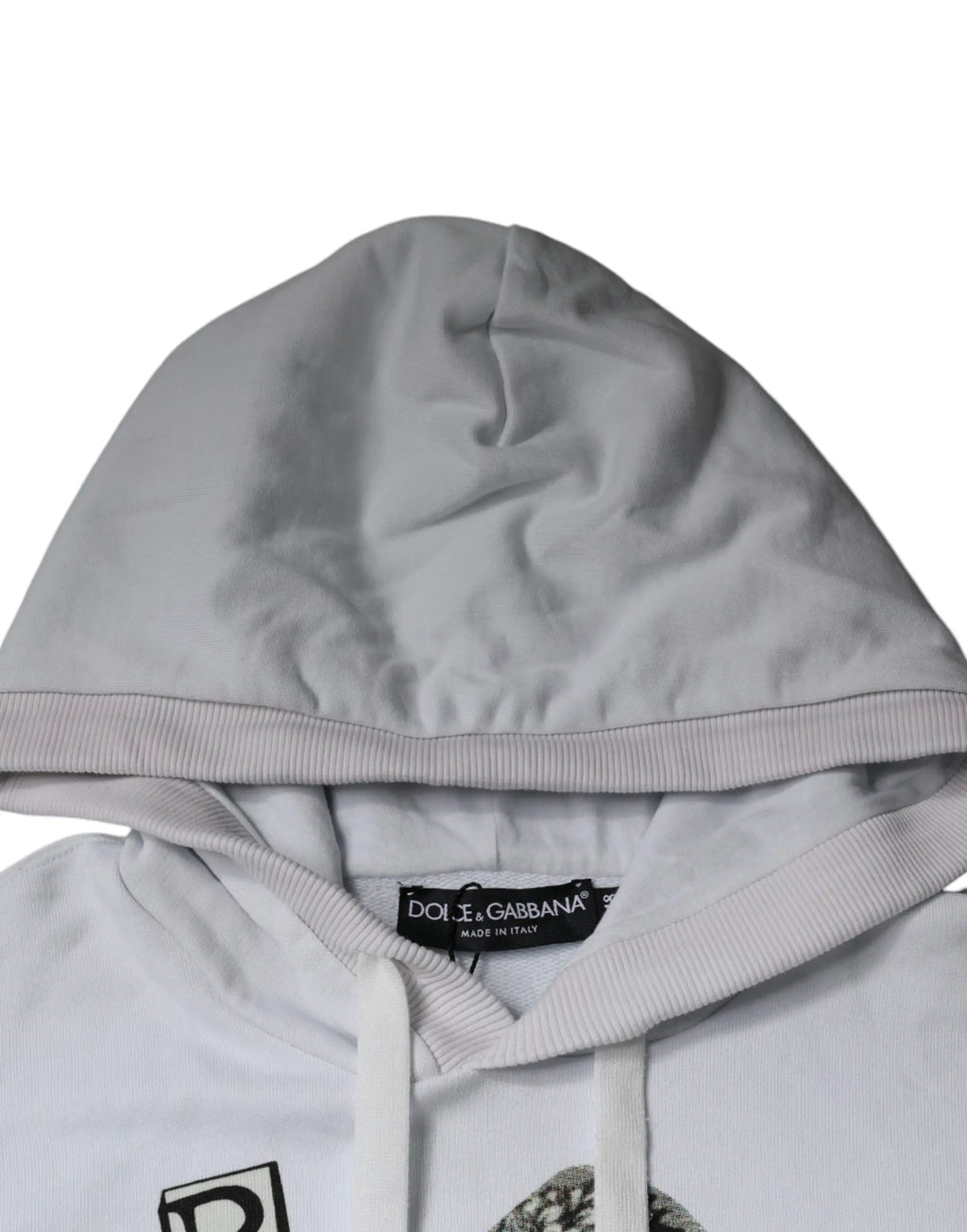 Sweat à capuche gris dolce & gabbana en coton avec cordons blancs et étiquette noire à l’intérieur du col