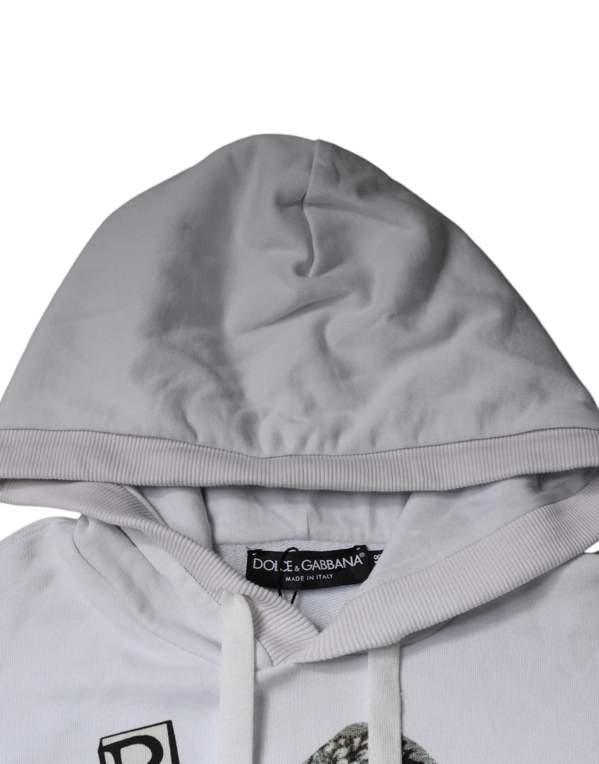 Sweat à capuche gris dolce & gabbana en coton avec cordons blancs et étiquette noire à l’intérieur du col
