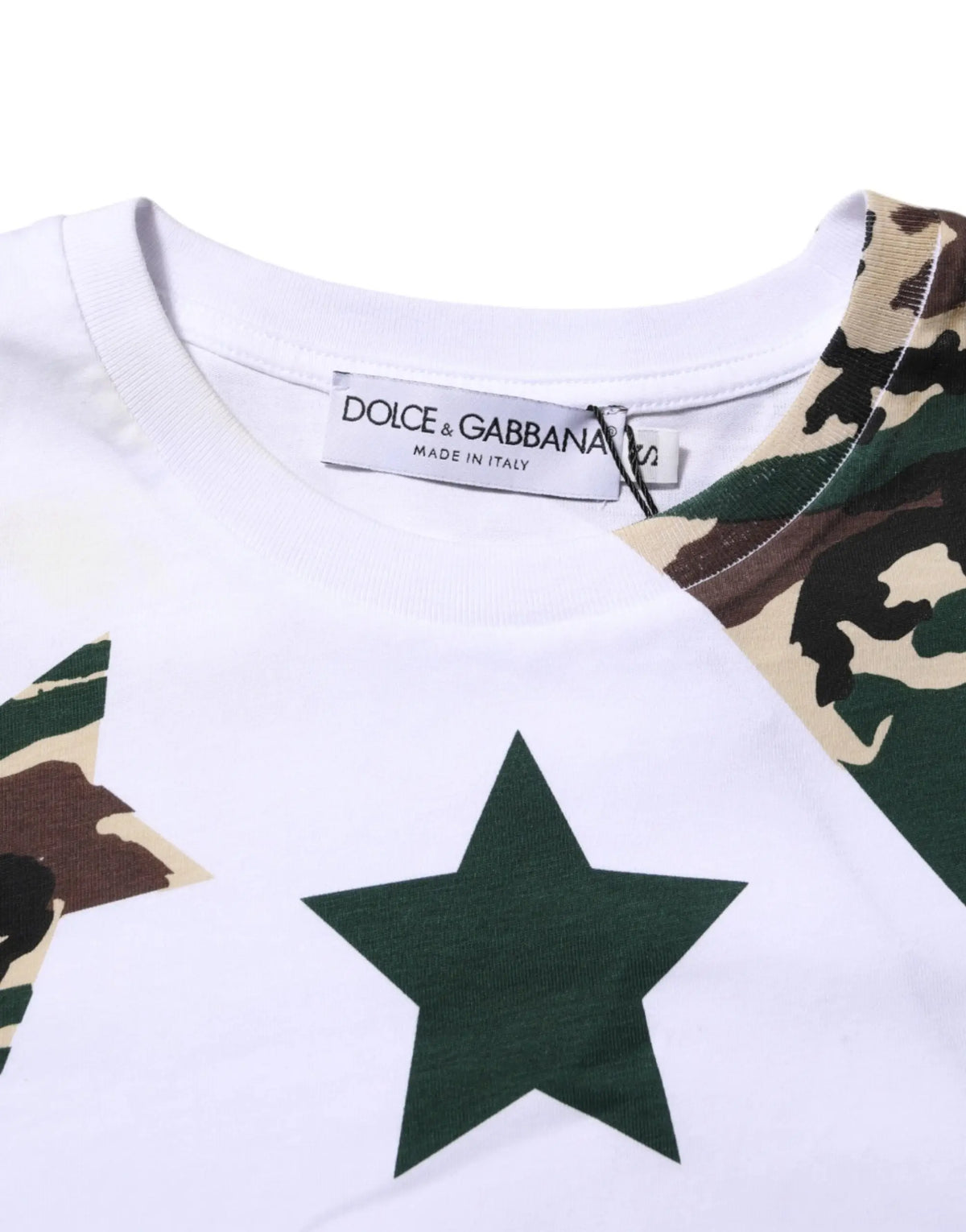 T-shirt homme blanc dolce gabbana en coton avec étoile verte foncée et manches camouflage