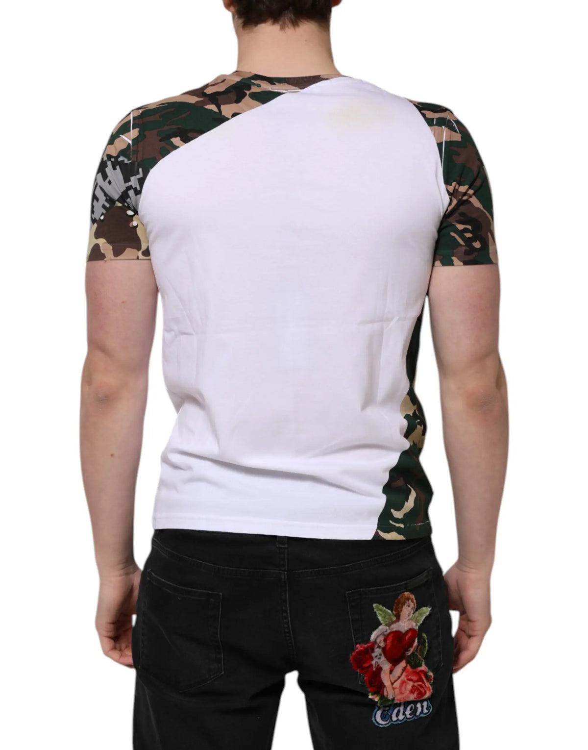 Dolce & gabbana white camouflage cotton men crew neck t-shirt with split white and green brown beige camo sleeves