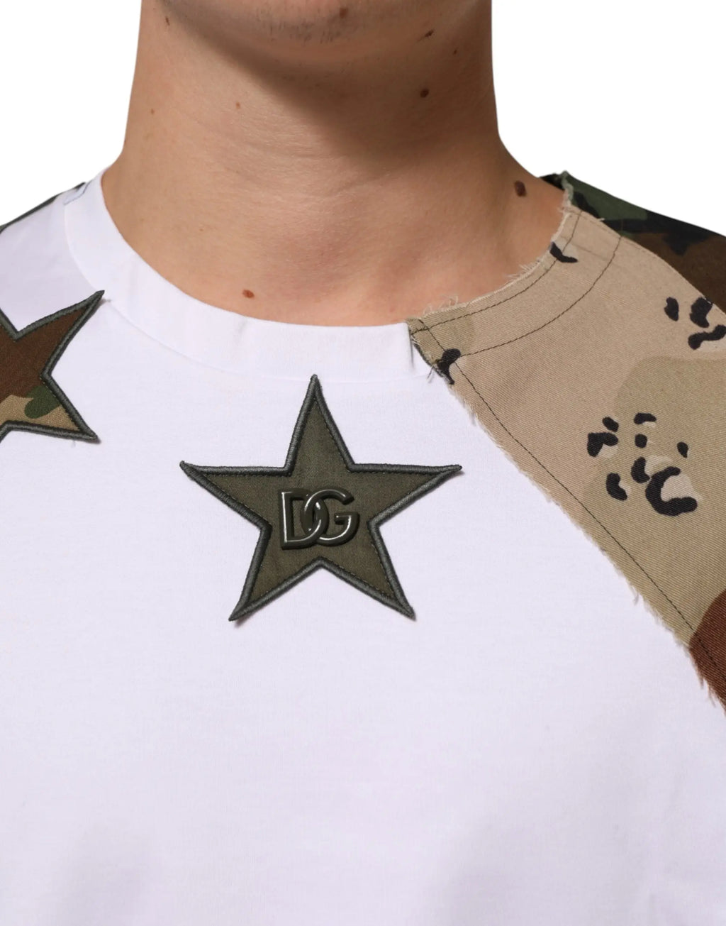 T-shirt homme dolce & gabbana blanc en coton avec patchwork camouflage et logo étoile olive dg monogramme