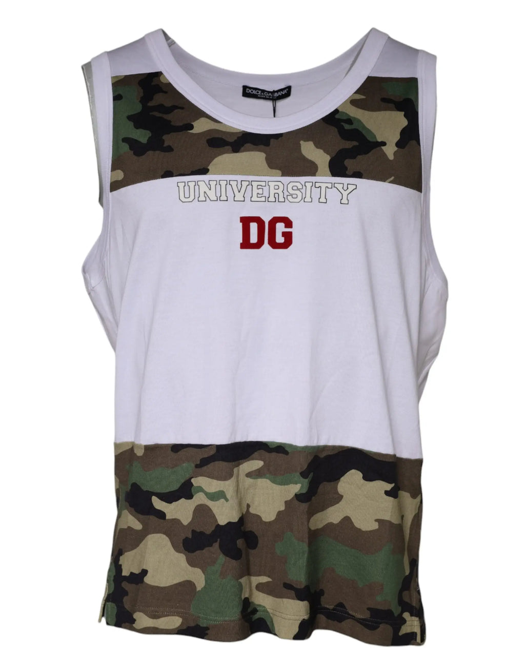 Dolce & gabbana débardeur sans manches blanc camouflage avec inscription university dg en lettres grises et rouges