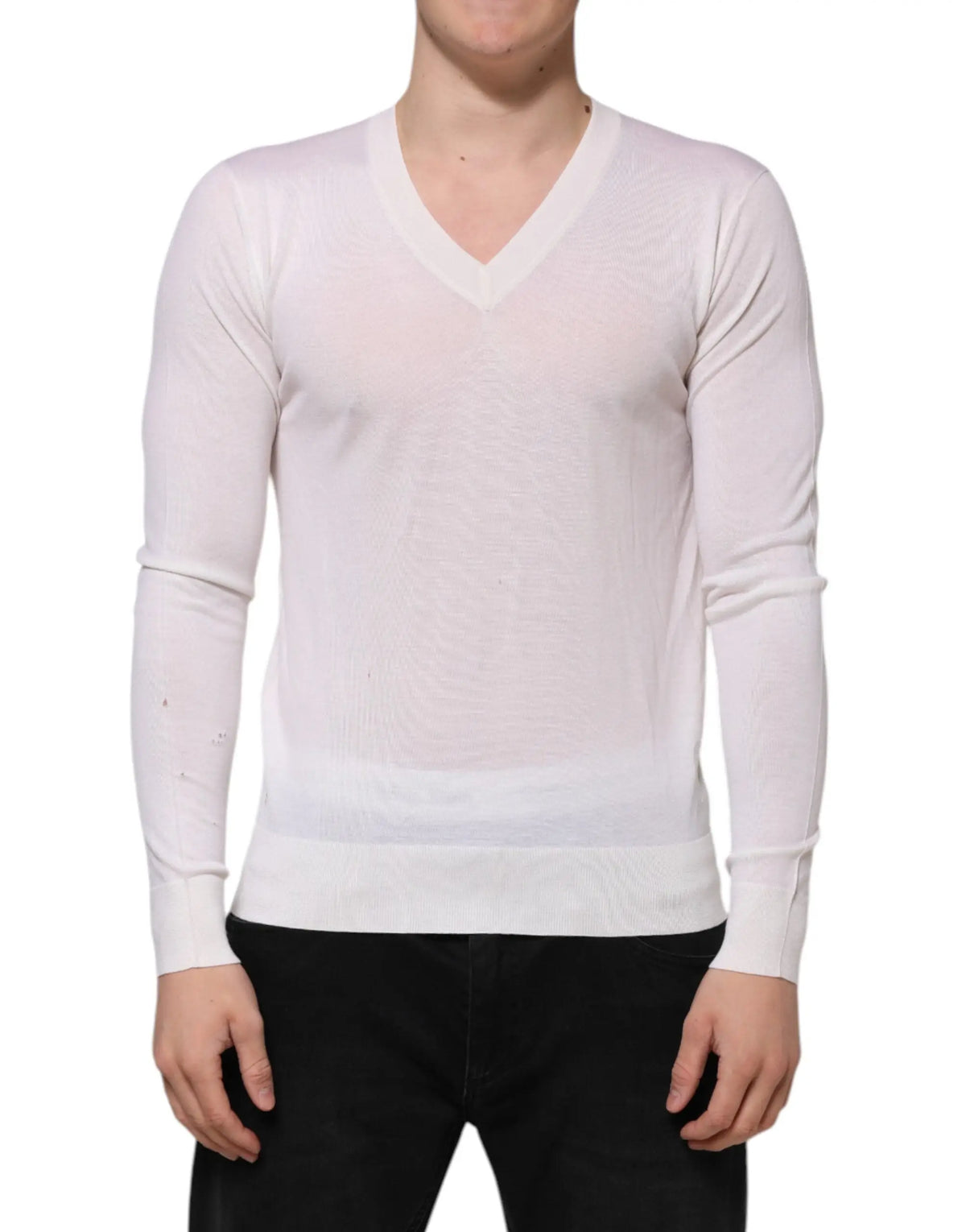 Pull à col en v blanc dolce & gabbana en cachemire avec texture fine et manches longues en maille légère