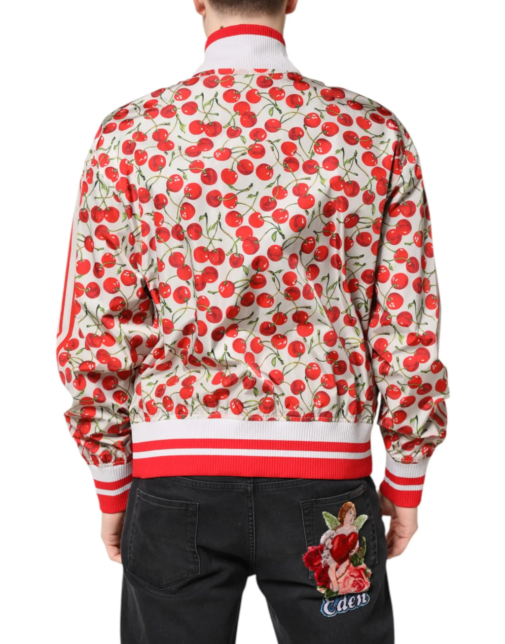 Veste bomber dolce & gabbana blanche à imprime cerises rouges vif avec bordure blanche côtelée et col montant