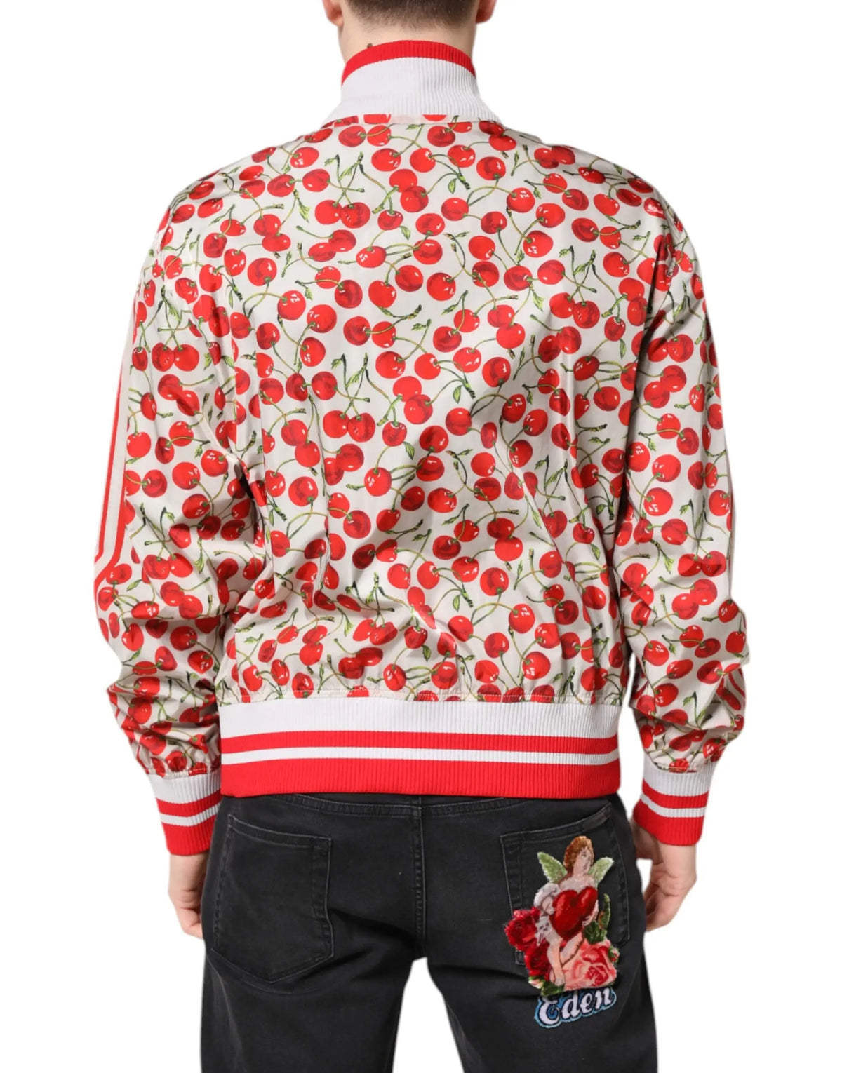 Veste bomber dolce & gabbana blanche à imprime cerises rouges vif avec bordure blanche côtelée et col montant