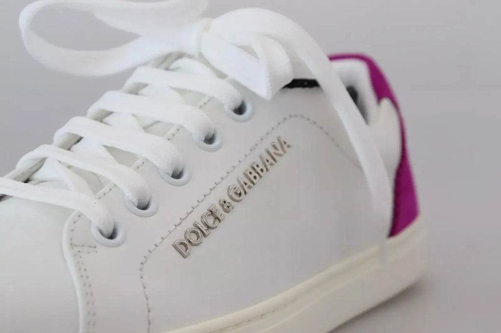 Baskets classiques dolce & gabbana pour femmes en cuir blanc avec languette talon magenta vibrant et lacets blancs