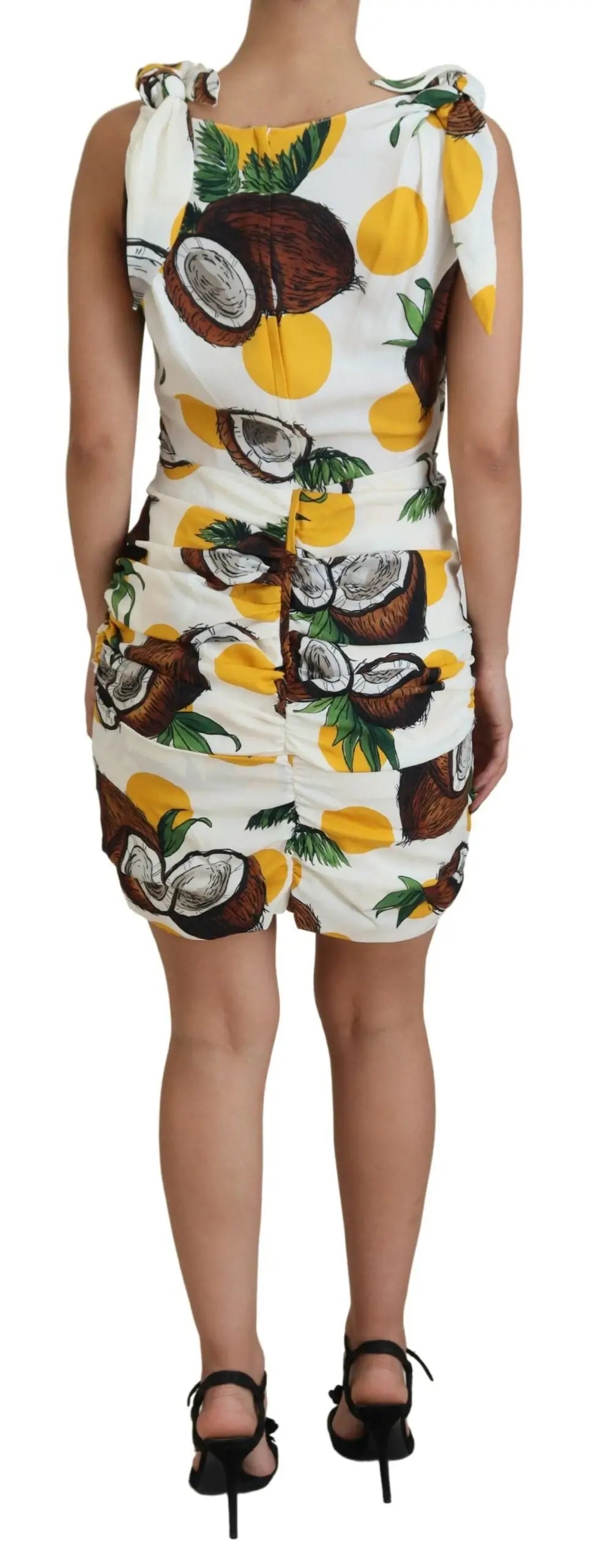 Robe mini fourreau blanche dolce & gabbana en soie avec imprimé noix de coco et citrons, dos froncé