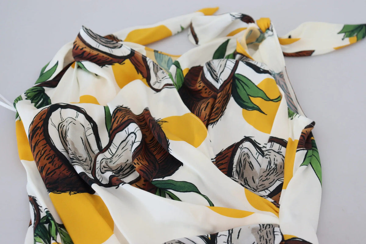 Écharpe en tissu blanc avec motif vibrant de noix de coco illustrées formes jaunes et feuilles vertes pour robe mini en soie dolce & gabbana