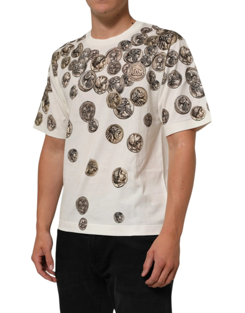 White dolce & gabbana cotton t-shirt with black and gold ancient coin print featuring logo crew neck design