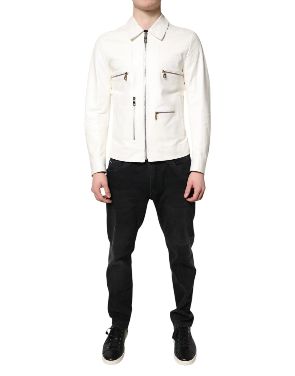 Veste motard blanche dolce gabbana en cuir avec fermeture éclair argentée et col