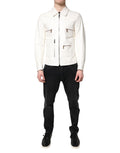 Veste biker dolce & gabbana blanche en cuir avec fermeture éclair argentée et col