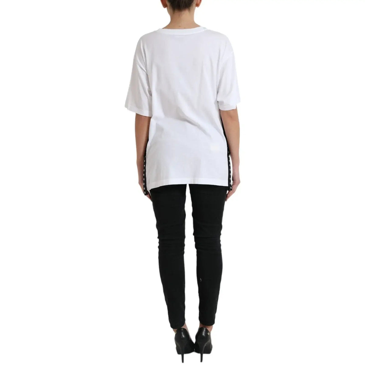 T-shirt blanc oversized dolce & gabbana en coton avec imprimé fashion 2000 et galon perlé noir sur le côté